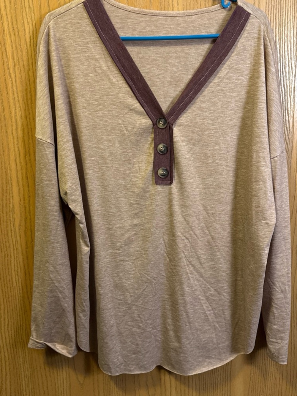 Beige Long-Sleeve Henley Top with Brown Trim